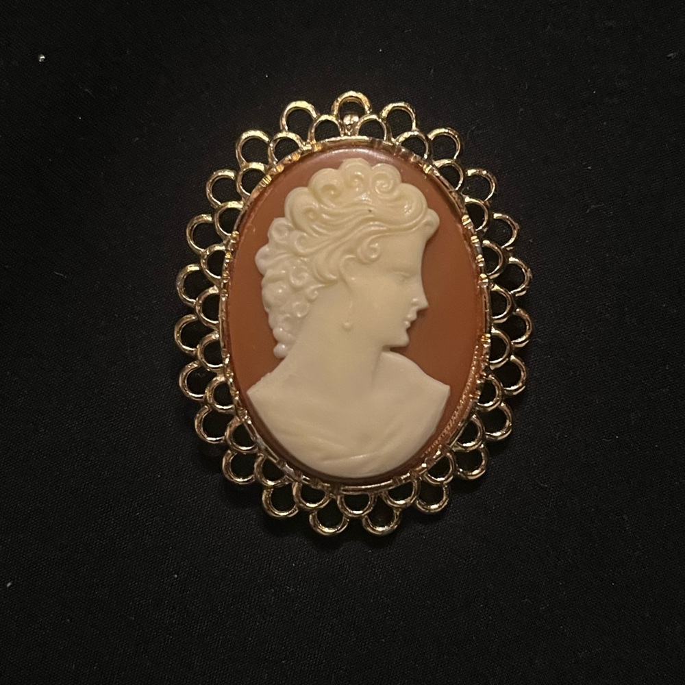 Vintage Gold Tone Rust Colored Cameo Brooch or Pendant
